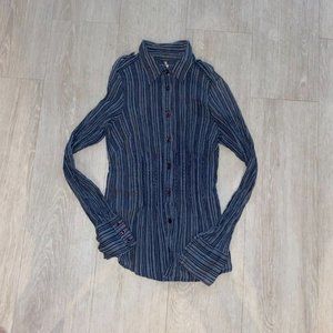 Free People Greyish Blue / Black Strip Down Button Down Long Sleeve Women's XS